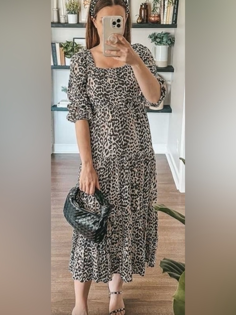 The Drop Tan/Black Leopard Print Keyla Puff Sleeve Square Neck Tiered Midi Dress